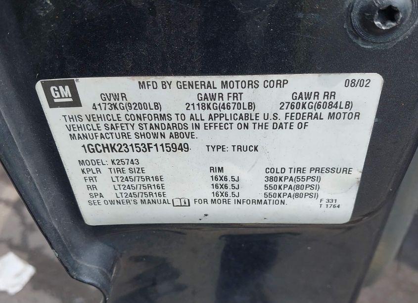 Photo 9 of 2003 Chevrolet Silverado 2500HD LS (VIN 1GCHK23153F115949)