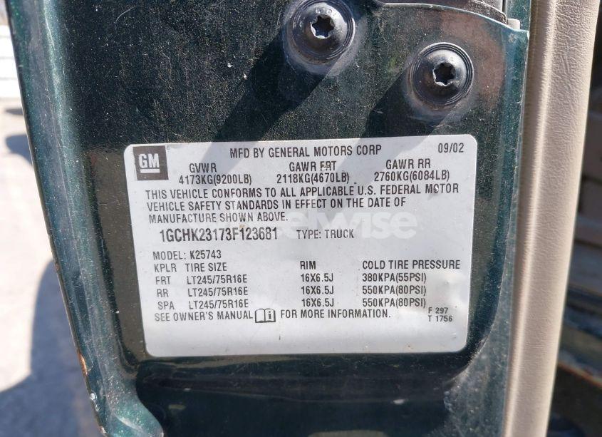 Photo 9 of 2003 Chevrolet Silverado 2500HD LT (VIN 1GCHK23173F123681)