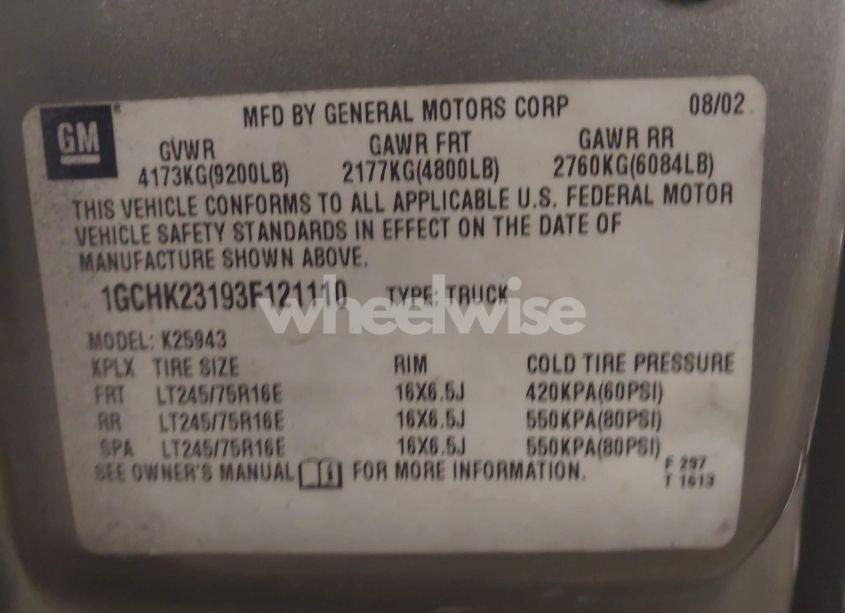 Photo 9 of 2003 Chevrolet Silverado 2500HD LS (VIN 1GCHK23193F121110)