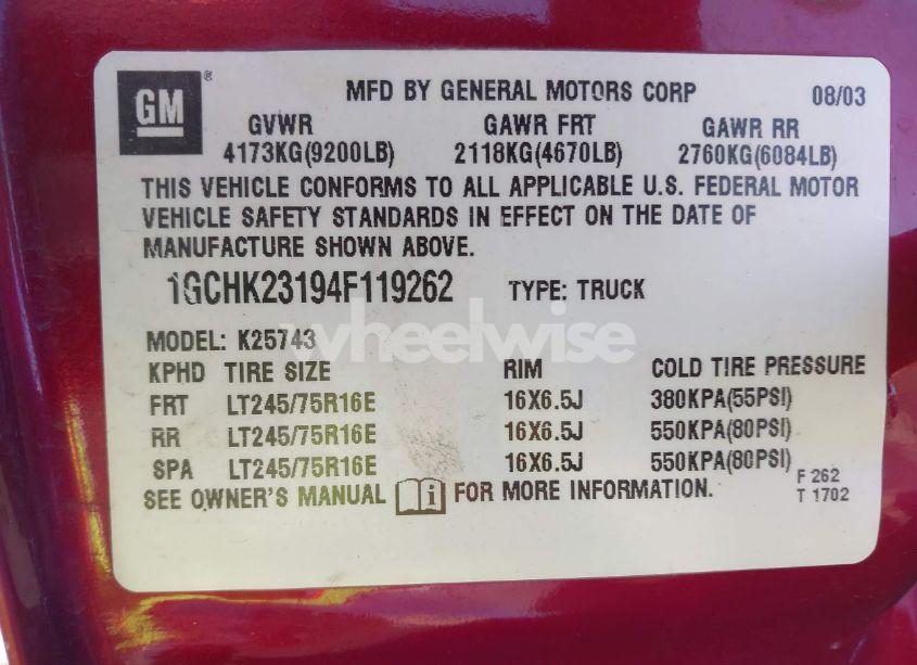 Photo 9 of 2004 Chevrolet Silverado 2500HD LT (VIN 1GCHK23194F119262)