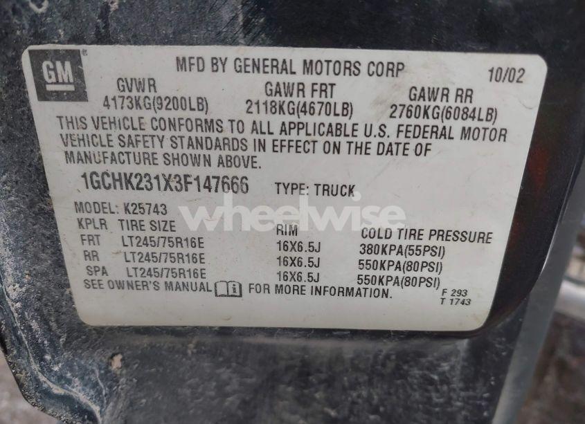 Photo 9 of 2003 Chevrolet Silverado 2500HD LT (VIN 1GCHK231X3F147666)