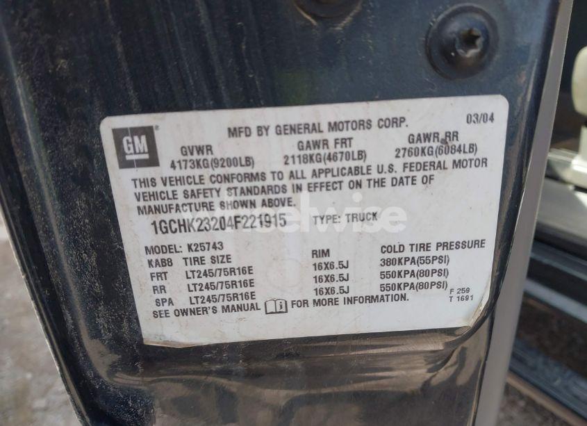 Photo 9 of 2004 Chevrolet Silverado 2500HD LT (VIN 1GCHK23204F221915)