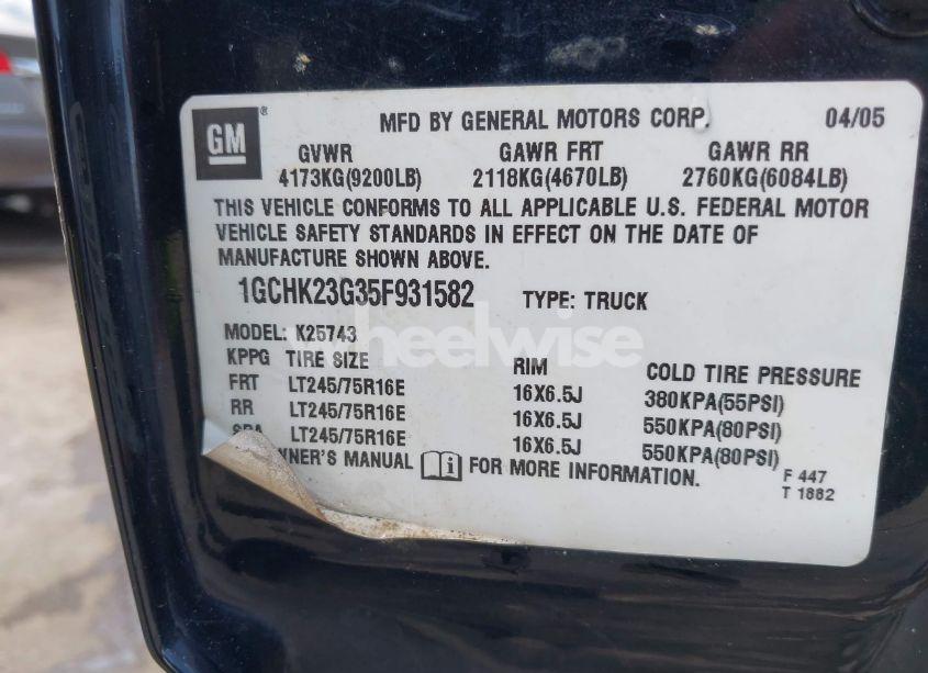 Photo 9 of 2005 Chevrolet Silverado 2500HD LT (VIN 1GCHK23G35F931582)