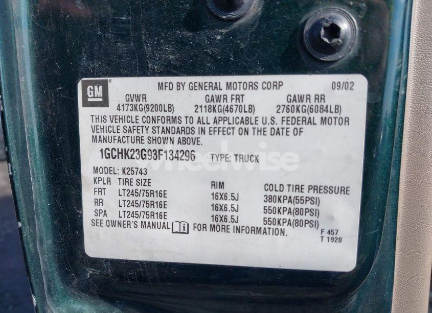 Photo 9 of 2003 Chevrolet Silverado 2500HD LT (VIN 1GCHK23G93F134296)