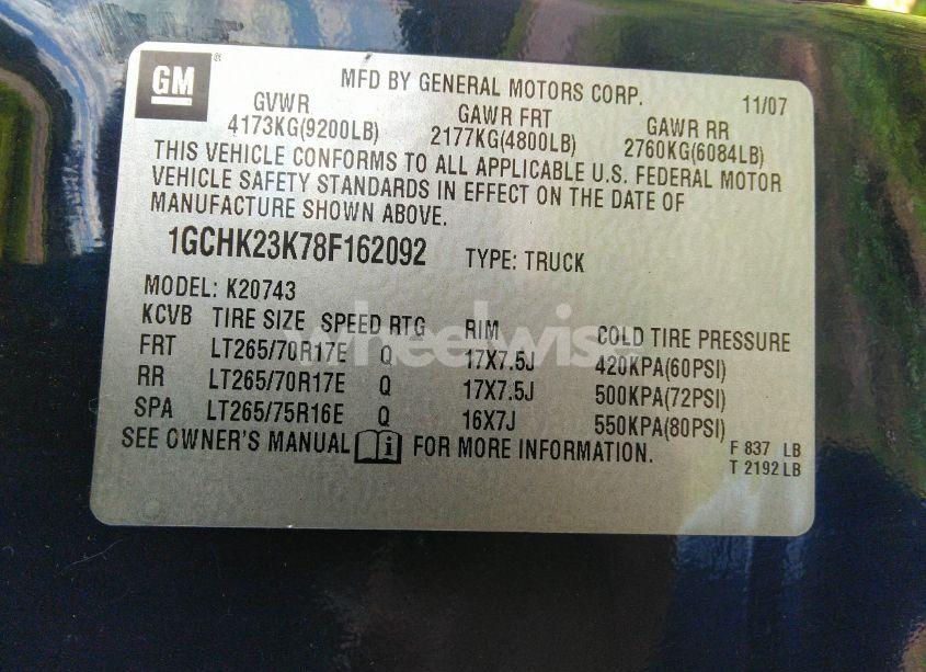 Photo 9 of 2008 Chevrolet Silverado 2500HD LT2 (VIN 1GCHK23K78F162092)