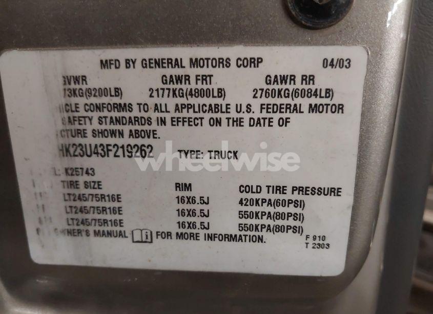 Photo 9 of 2003 Chevrolet Silverado 2500HD LS (VIN 1GCHK23U43F219262)