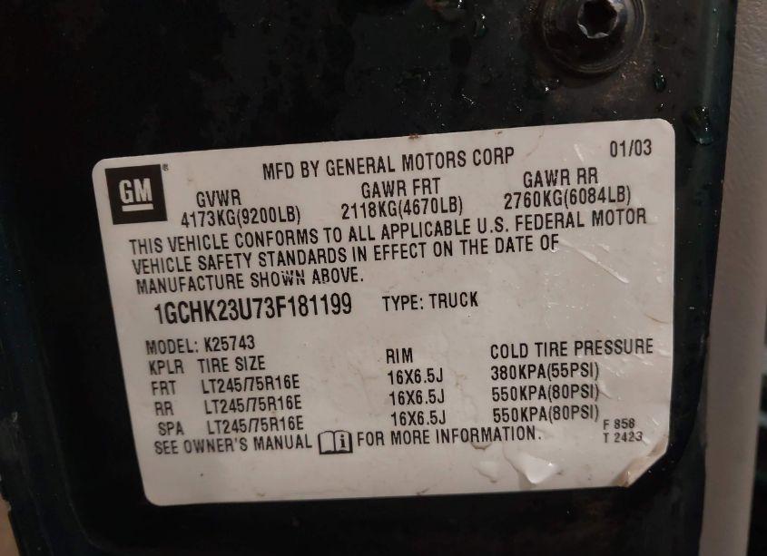 Photo 9 of 2003 Chevrolet Silverado 2500HD LT (VIN 1GCHK23U73F181199)