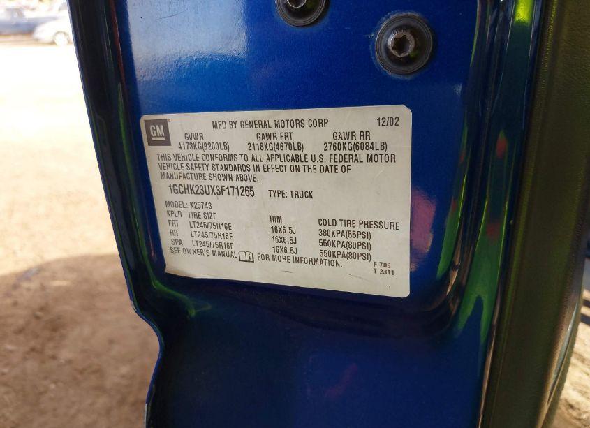 Photo 9 of 2003 Chevrolet Silverado 2500HD LS (VIN 1GCHK23UX3F171265)