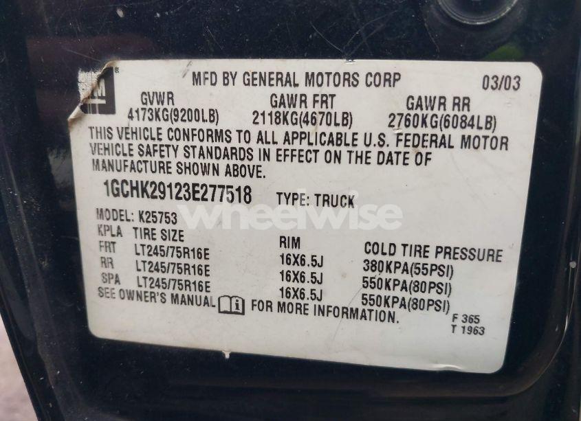 Photo 9 of 2003 Chevrolet Silverado 2500HD LS (VIN 1GCHK29123E277518)