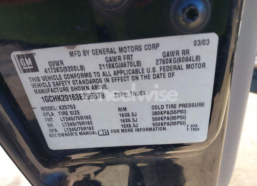 Photo 9 of 2003 Chevrolet Silverado 2500HD LS (VIN 1GCHK29163E296878)