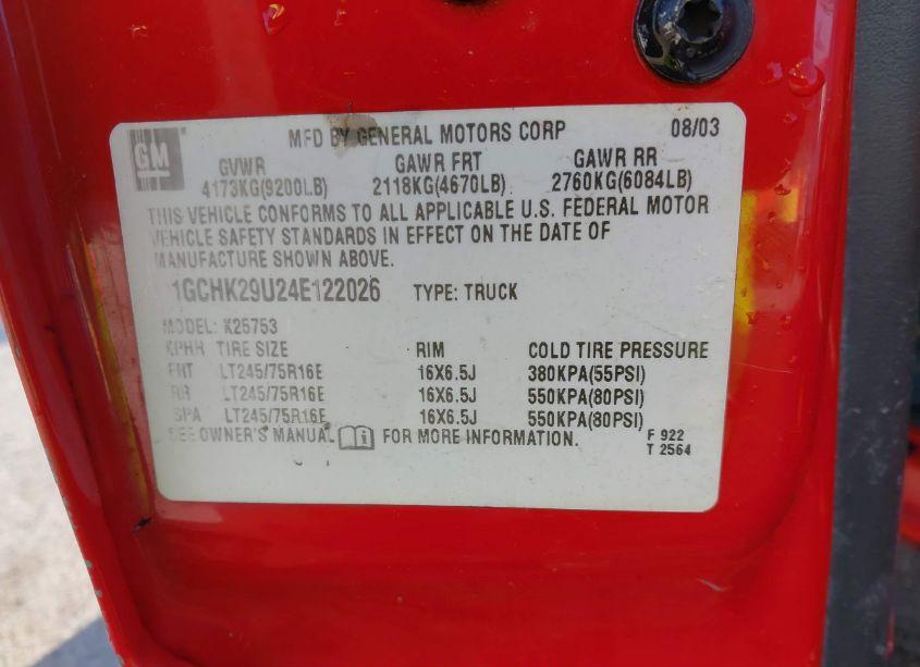 Photo 9 of 2004 Chevrolet Silverado 2500HD LS (VIN 1GCHK29U24E122026)