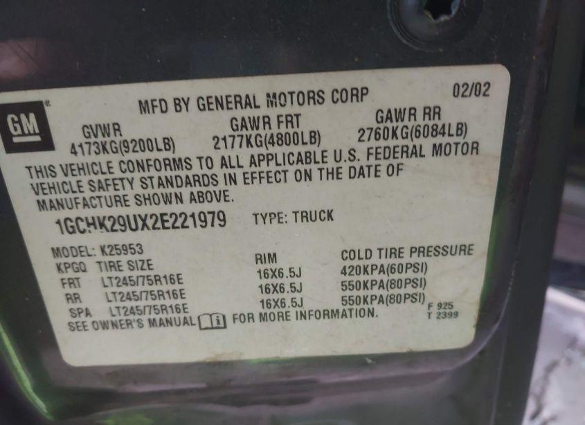 Photo 9 of 2002 Chevrolet Silverado 2500HD LS (VIN 1GCHK29UX2E221979)