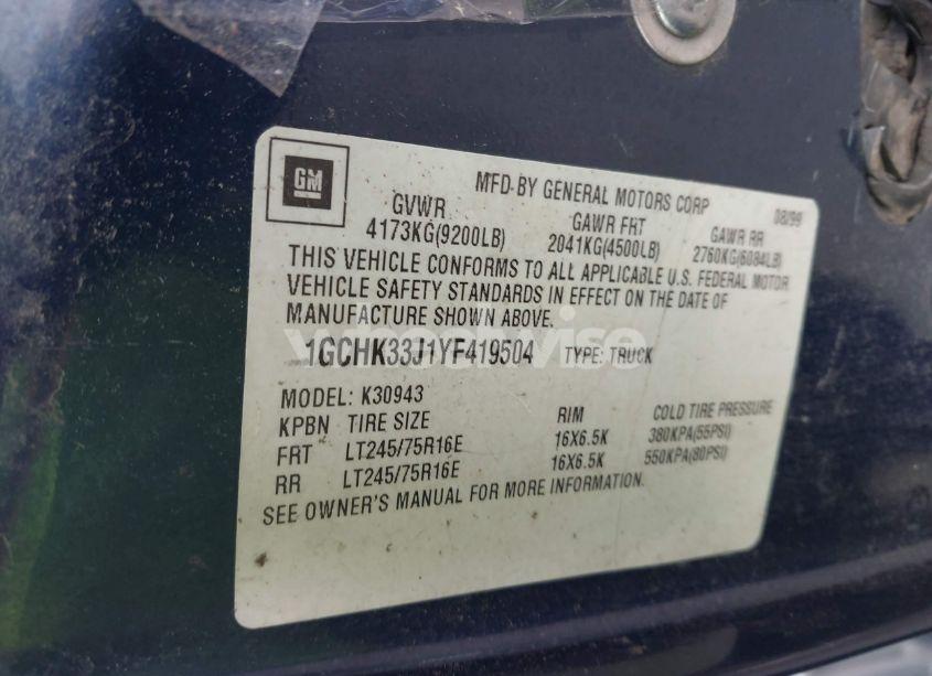 Photo 9 of 2000 Chevrolet K3500 (VIN 1GCHK33J1YF419504)