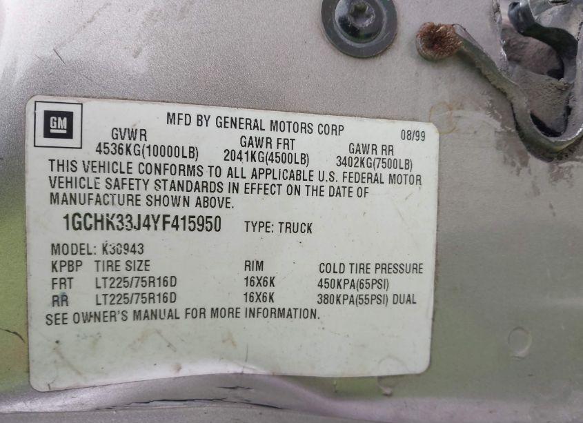 Photo 9 of 2000 Chevrolet K3500 (VIN 1GCHK33J4YF415950)