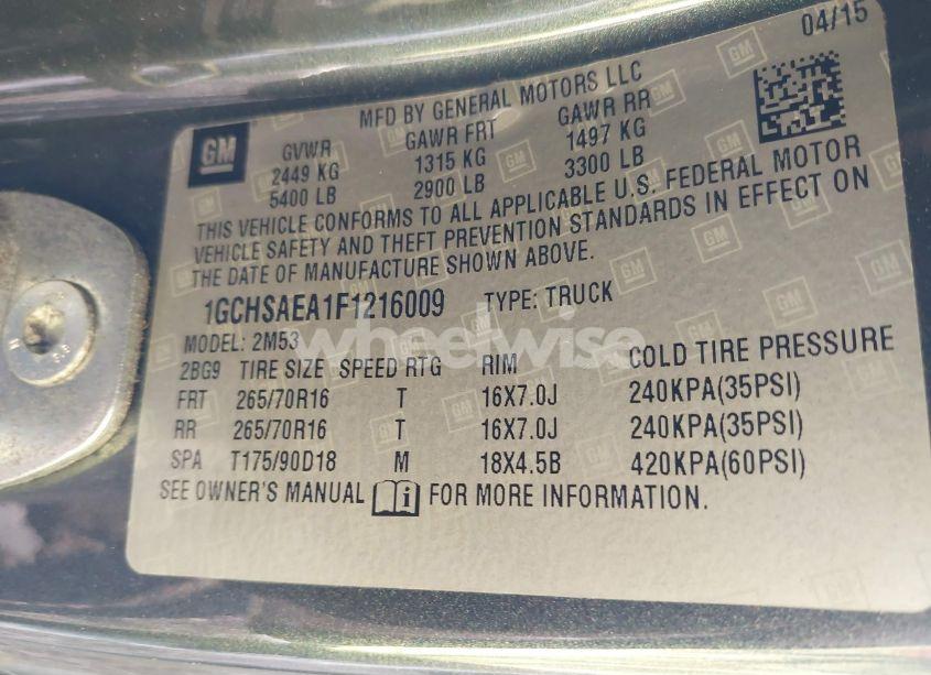 Photo 9 of 2015 Chevrolet Colorado WT (VIN 1GCHSAEA1F1216009)