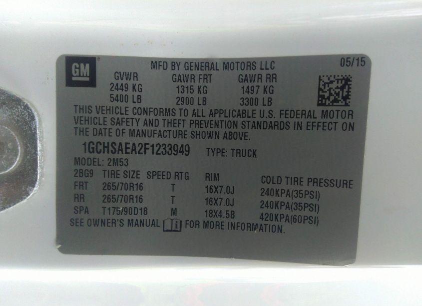 Photo 9 of 2015 Chevrolet Colorado WT (VIN 1GCHSAEA2F1233949)