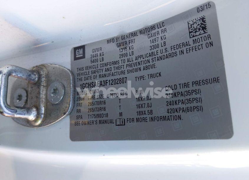 Photo 9 of 2015 Chevrolet Colorado WT (VIN 1GCHSAEA3F1202807)