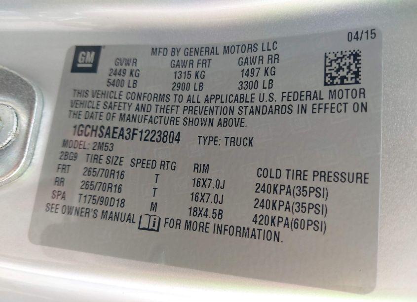 Photo 9 of 2015 Chevrolet Colorado WT (VIN 1GCHSAEA3F1223804)