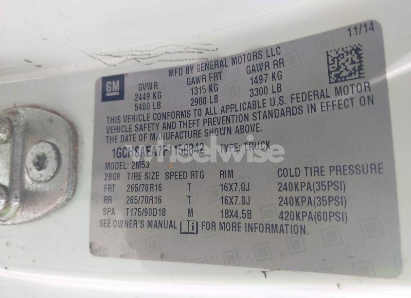 Photo 9 of 2015 Chevrolet Colorado WT (VIN 1GCHSAEA7F1150842)