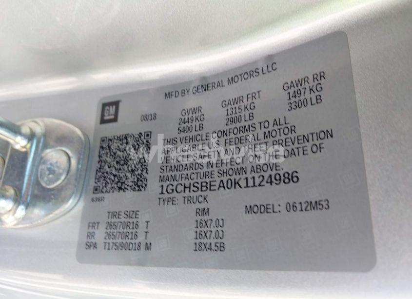 Photo 9 of 2019 Chevrolet Colorado WT (VIN 1GCHSBEA0K1124986)