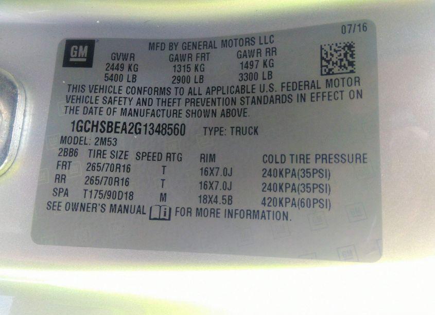 Photo 9 of 2016 Chevrolet Colorado WT (VIN 1GCHSBEA2G1348560)