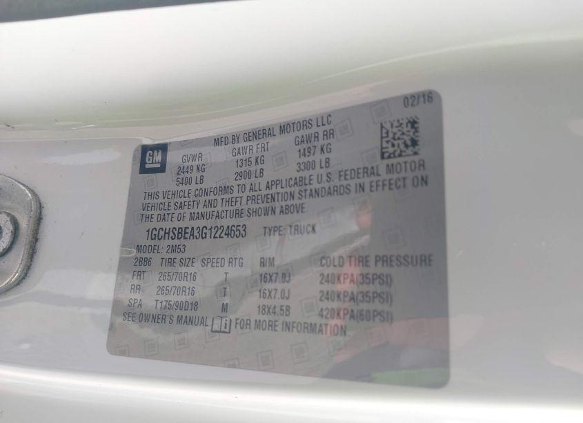 Photo 9 of 2016 Chevrolet Colorado WT (VIN 1GCHSBEA3G1224653)