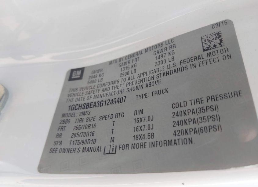 Photo 9 of 2016 Chevrolet Colorado WT (VIN 1GCHSBEA3G1249407)