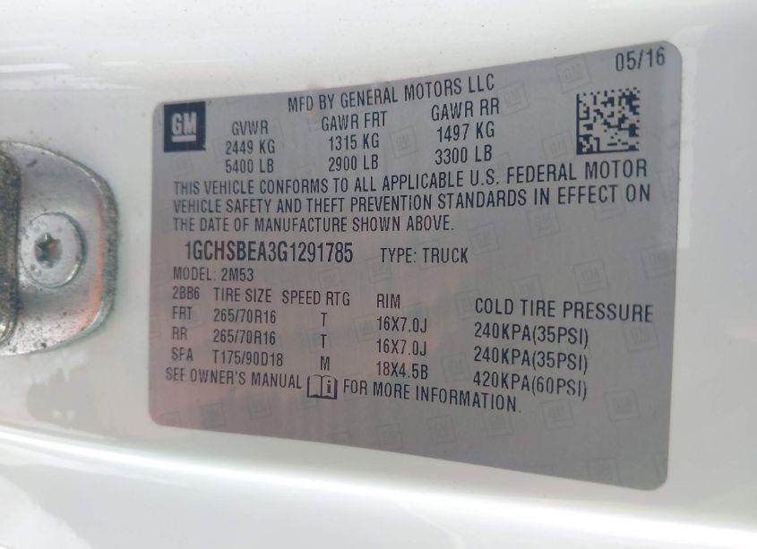 Photo 9 of 2016 Chevrolet Colorado WT (VIN 1GCHSBEA3G1291785)