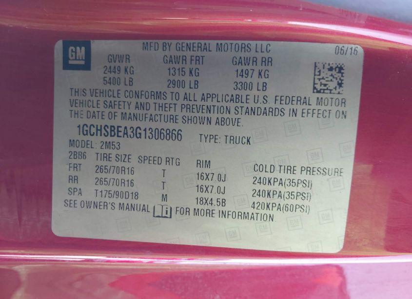 Photo 9 of 2016 Chevrolet Colorado WT (VIN 1GCHSBEA3G1306866)