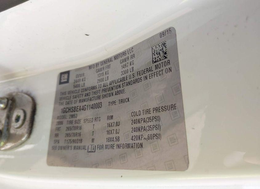 Photo 9 of 2016 Chevrolet Colorado WT (VIN 1GCHSBEA4G1140003)