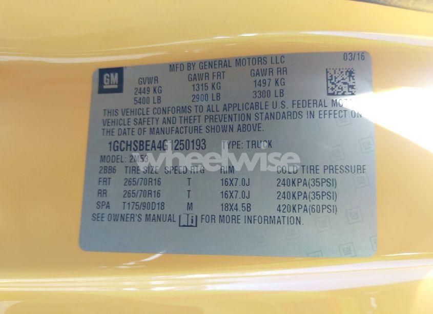 Photo 9 of 2016 Chevrolet Colorado WT (VIN 1GCHSBEA4G1250193)