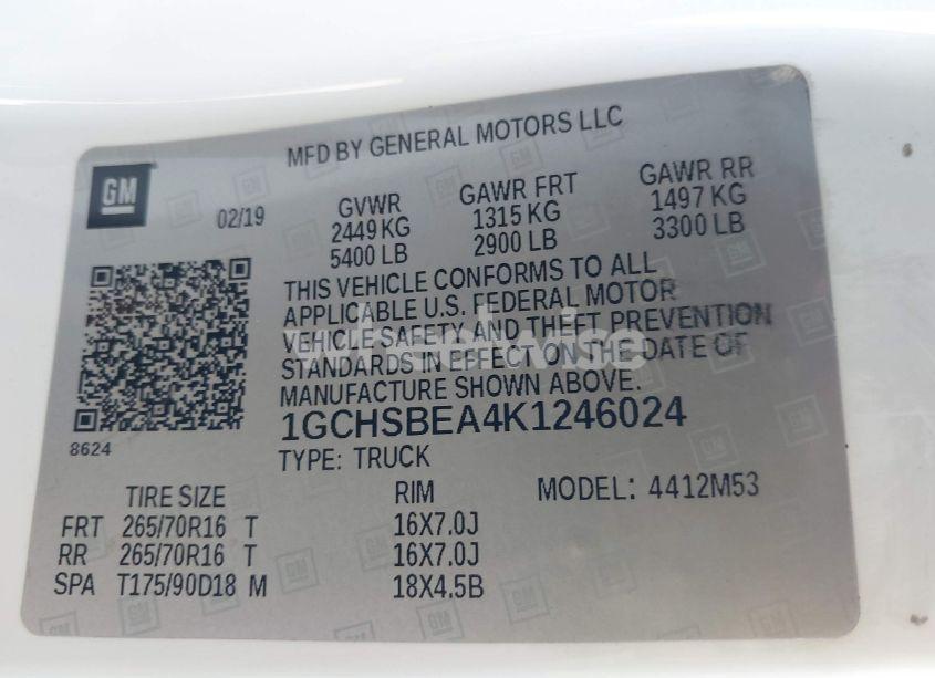 Photo 9 of 2019 Chevrolet Colorado WT (VIN 1GCHSBEA4K1246024)