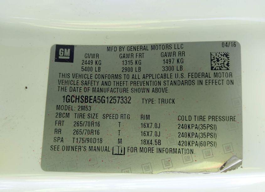 Photo 9 of 2016 Chevrolet Colorado WT (VIN 1GCHSBEA5G1257332)