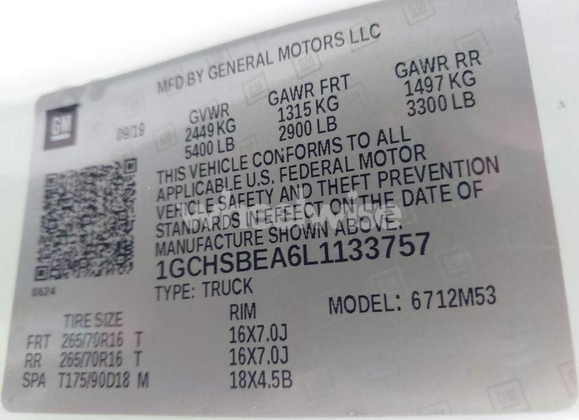 Photo 9 of 2020 Chevrolet Colorado 2WD LONG BOX WT (VIN 1GCHSBEA6L1133757)