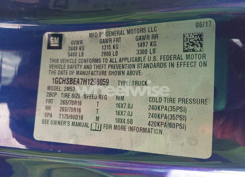 Photo 9 of 2017 Chevrolet Colorado WT (VIN 1GCHSBEA7H1298059)