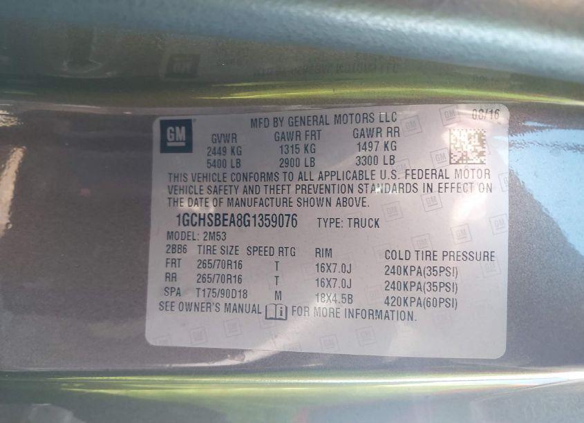 Photo 9 of 2016 Chevrolet Colorado WT (VIN 1GCHSBEA8G1359076)