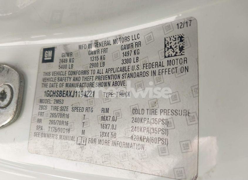 Photo 9 of 2018 Chevrolet Colorado WT (VIN 1GCHSBEAXJ1194221)