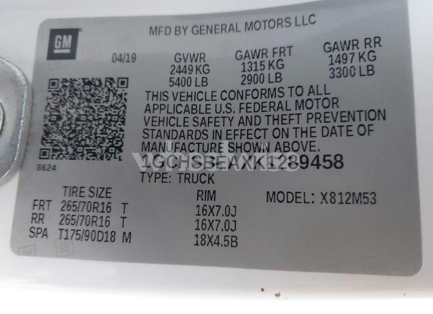 Photo 9 of 2019 Chevrolet Colorado WT (VIN 1GCHSBEAXK1289458)