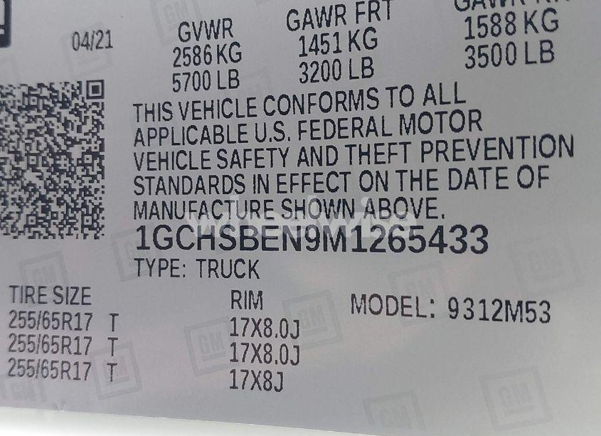 Photo 9 of 2021 Chevrolet Colorado 2WD LONG BOX WT (VIN 1GCHSBEN9M1265433)