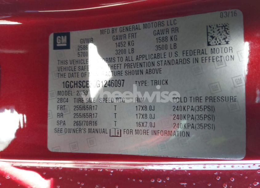 Photo 9 of 2016 Chevrolet Colorado LT (VIN 1GCHSCE30G1246097)