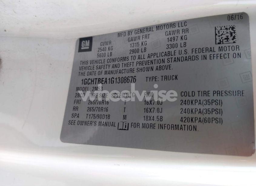 Photo 9 of 2016 Chevrolet Colorado WT (VIN 1GCHTBEA1G1308676)