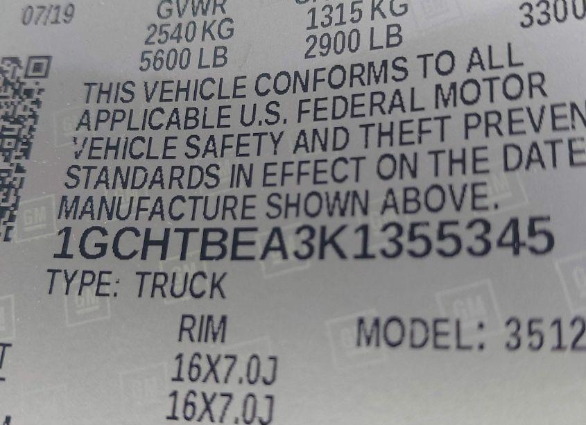 Photo 9 of 2019 Chevrolet Colorado WT (VIN 1GCHTBEA3K1355345)