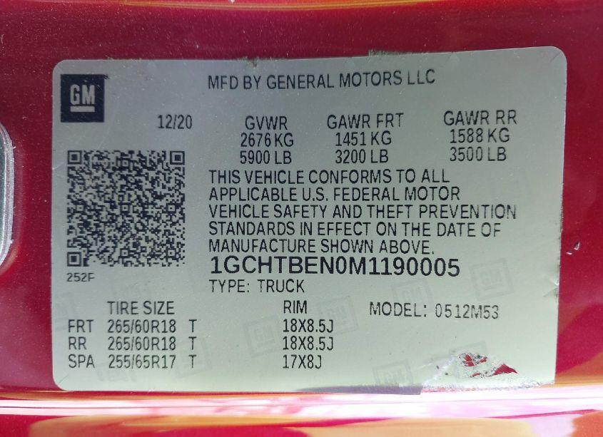 Photo 9 of 2021 Chevrolet Colorado 4WD WORK TRUCK (VIN 1GCHTBEN0M1190005)