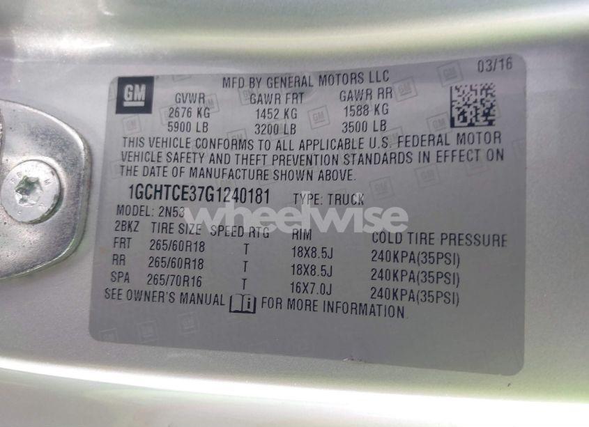 Photo 9 of 2016 Chevrolet Colorado LT (VIN 1GCHTCE37G1240181)