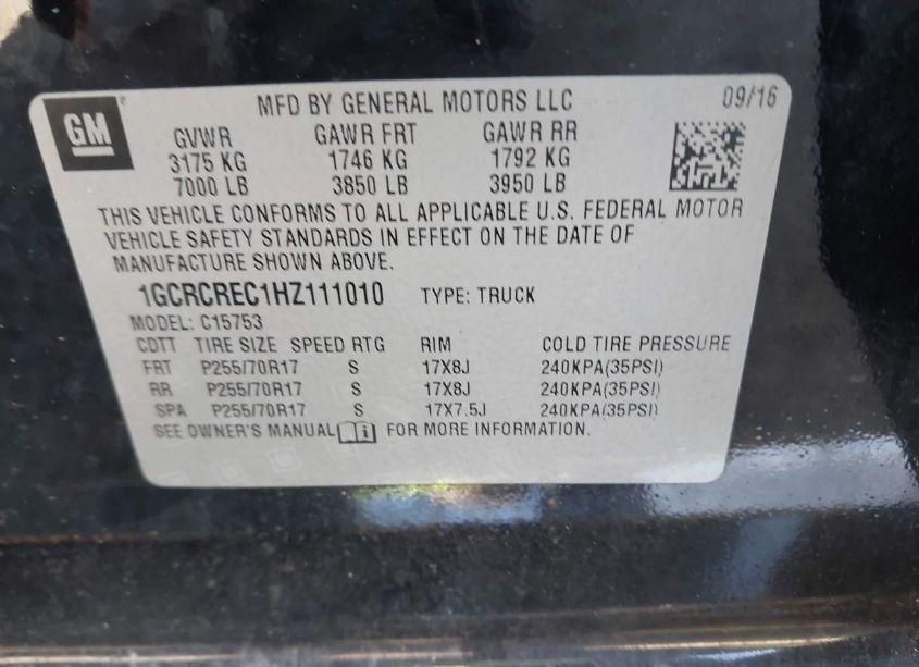 Photo 9 of 2017 Chevrolet Silverado 1500 1LT (VIN 1GCRCREC1HZ111010)