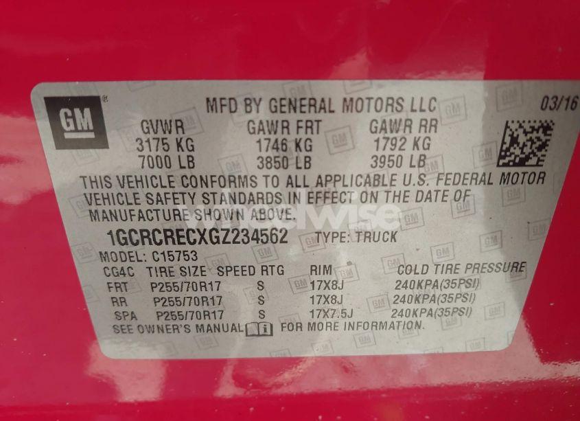 Photo 9 of 2016 Chevrolet Silverado 1500 1LT (VIN 1GCRCRECXGZ234562)