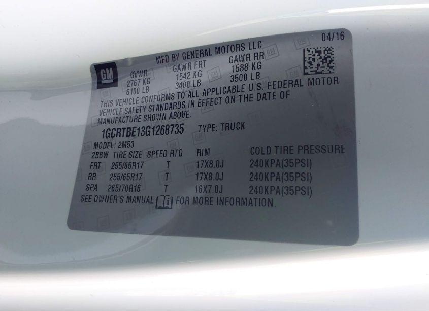 Photo 9 of 2016 Chevrolet Colorado WT (VIN 1GCRTBE13G1268735)