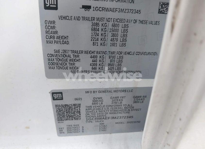 Photo 9 of 2021 Chevrolet Silverado 1500 2WD STANDARD BED WT (VIN 1GCRWAEF3MZ372345)