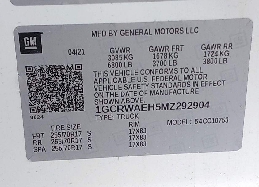 Photo 9 of 2021 Chevrolet Silverado 1500 2WD STANDARD BED WT (VIN 1GCRWAEH5MZ292904)