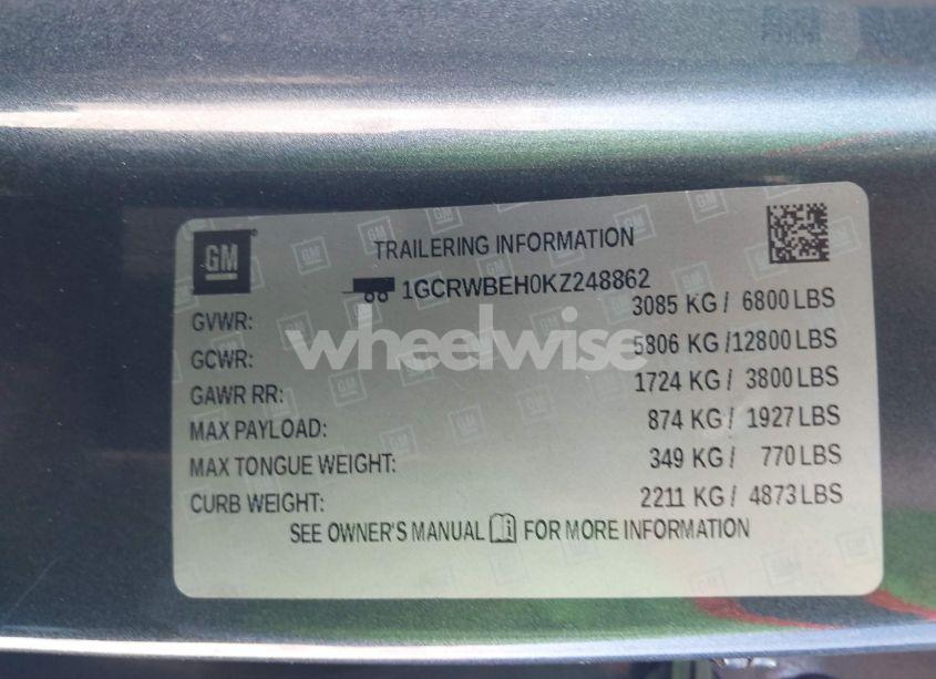 Photo 9 of 2019 Chevrolet Silverado 1500 CUSTOM (VIN 1GCRWBEH0KZ248862)